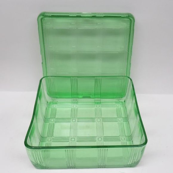 Hazel Atlas Green CRISS CROSS CRISSCROSS 8X8 Square Refrigerator Dish with Lid - Picture 3 of 4